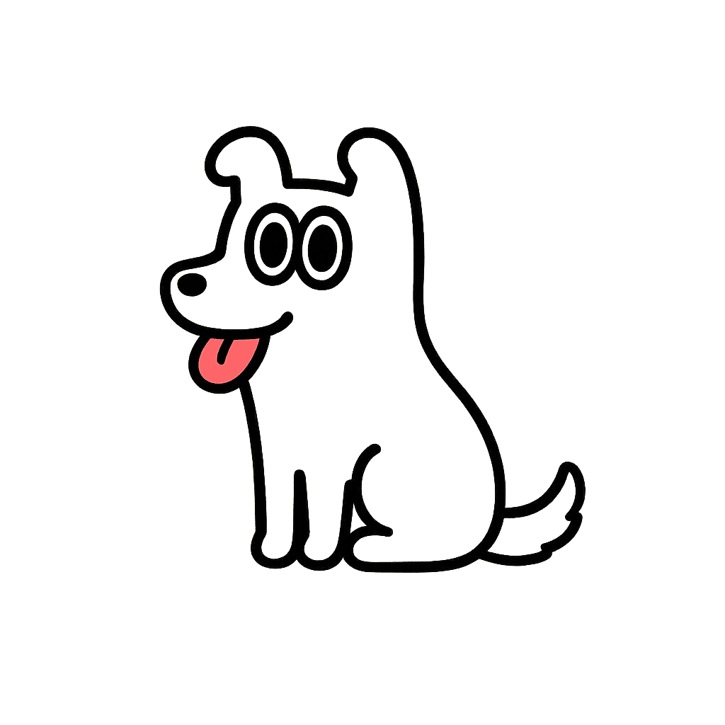 autolink's mascot — a friendly white dog with a thick black cartoon outline and a coral-red tongue, sitting and looking toward the headline